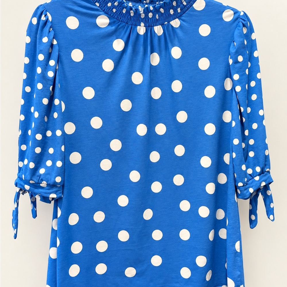 Cato Royal Blue and White Polka Dot Smocked Neck Top